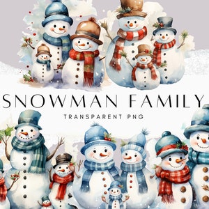Pu&ograve; includere: Un'illustrazione digitale di una famiglia di pupazzi di neve di varie dimensioni che indossano cappelli e sciarpe nei toni del blu, rosso e marrone. Il testo SNOWMAN FAMILY TRANSPARENT PNG &egrave; centrato in lettere nere su uno sfondo bianco.
