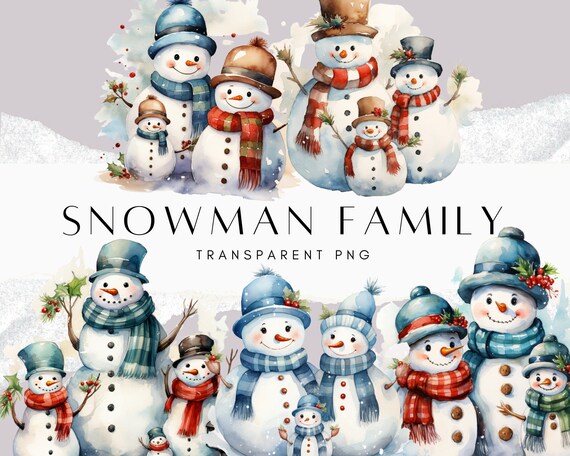 28 Snowman Family Clipart Bundle, Cute Snowman PNG, Winter Scarf and Hat Clip Art, Digital Download