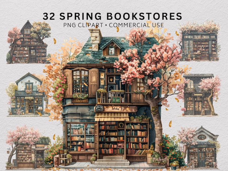32 Spring Bookstore Clipart Bundle, Watercolour Blossom Storefront PNG ...