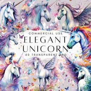 40 Unicorns Clipart PNG Sublimation Bundle | Transparent Magical Elegant Animals Watercolour Digital Download Design Prints | Commercial Use