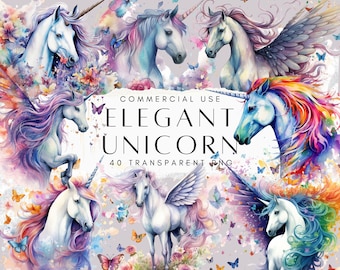 May include: A digital illustration of 40 watercolor unicorns with wings and flowers. The unicorns are in various poses and colors, including pink, blue, purple, and rainbow. The text "COMMERCIAL USE ELEGANT UNICORN 40 TRANSPARENT PNG" is at the bottom of the image.