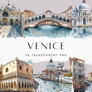 May include: A collection of watercolor illustrations featuring iconic Venetian landmarks including St. Mark's Basilica, the Rialto Bridge, and the Doge's Palace, with the text VENICE 36 TRANSPARENT PNG displayed in the center of the composition.