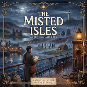 Könnte beinhalten: Das Spielcover von The Misted Isles: A Solo Journaling RPG zeigt eine Person im Mantel mit einem Brief auf einem Schiffsdeck. Die Szene umfasst einen Leuchtturm, ein Küstendorf, Ruinen und eine Möwe. Text: The Misted Isles, A Solo Journaling RPG, A letter in your own hand. One lamp left burning.