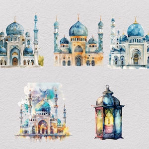 May include: Watercolor painting of four blue and white mosques with golden accents and a single lantern with a lit candle inside. The mosques have intricate details and are set against a light gray background.