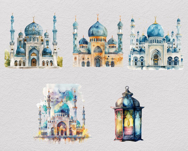 May include: Watercolor painting of four blue and white mosques with golden accents and a single lantern with a lit candle inside. The mosques have intricate details and are set against a light gray background.