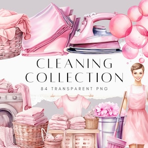 May include: A watercolor illustration of cleaning supplies, including a pink iron, a washing machine, a laundry basket, and a bucket. The illustration also includes a woman in a pink dress and a pink apron, holding a broom. The text "Cleaning Collection 84 Transparent PNG" is written in black.