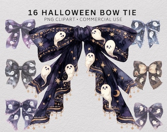 Halloween Bow Ties Clipart Bundle, Black Gothic Bow PNG, Vintage Spooky Accessories, Ghost Pumpkin Bow Junk Journal Digital Download