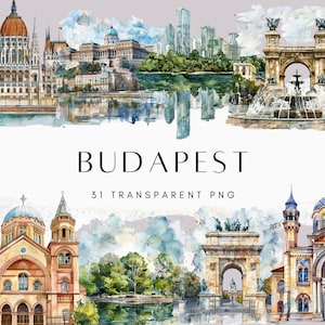 Imágenes Prediseñadas de Budapest, paquete de imágenes prediseñadas de la ciudad de acuarela, imágenes prediseñadas de todo el mundo, imágenes prediseñadas emblemáticas, destino, bastión de los pescadores, parlamento