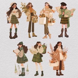 K&ouml;nnte beinhalten: Illustration von sechs Frauen in verschiedenen Outfits, jede tr&auml;gt einen anderen Gegenstand. Die Frauen tragen H&uuml;te, Schals und Pullover. Sie tragen Gegenst&auml;nde wie ein Buch, eine T&uuml;te mit Lebensmitteln, eine Karte und einen Blumenstrau&szlig;.