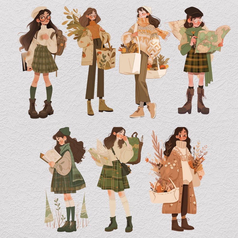 K&ouml;nnte beinhalten: Illustration von sechs Frauen in verschiedenen Outfits, jede tr&auml;gt einen anderen Gegenstand. Die Frauen tragen H&uuml;te, Schals und Pullover. Sie tragen Gegenst&auml;nde wie ein Buch, eine T&uuml;te mit Lebensmitteln, eine Karte und einen Blumenstrau&szlig;.