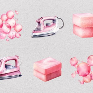 May include: Pink watercolor illustration of two irons and two bars of soap. The irons are electric and have a pink and white color scheme. The soap bars are rectangular and have a pink color. There are also pink watercolor bubbles in the image.