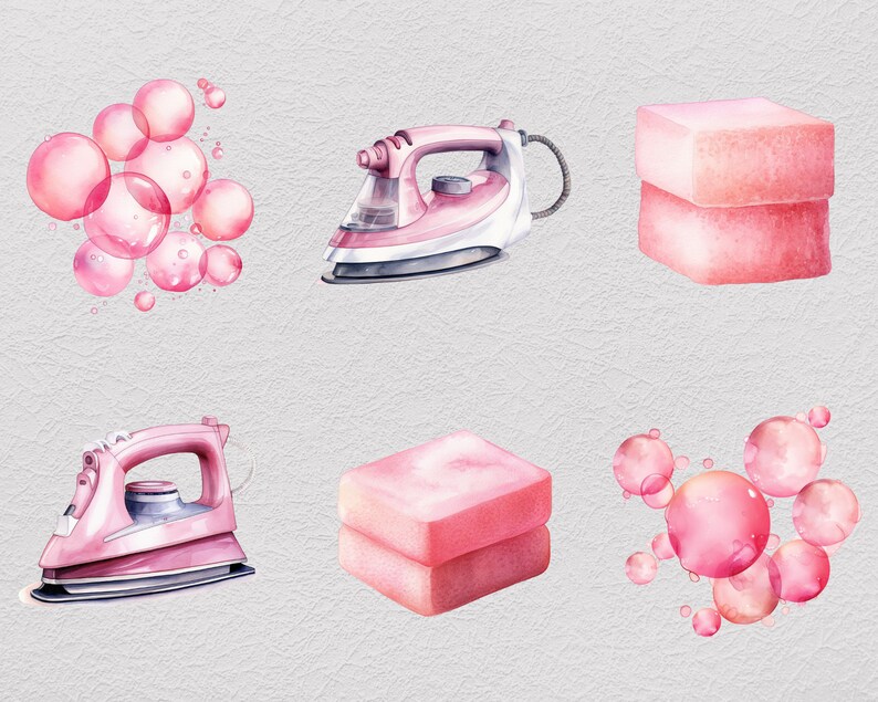 May include: Pink watercolor illustration of two irons and two bars of soap. The irons are electric and have a pink and white color scheme. The soap bars are rectangular and have a pink color. There are also pink watercolor bubbles in the image.