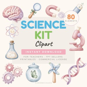Può includere: Un set di clipart digitali per kit scientifico con 80 elementi tra cui un cervello, una lente d'ingrandimento, un magnete, una batteria, un atomo, un microscopio, un pallone, ingranaggi, un barattolo con farfalla, una girandola e DNA.