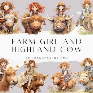 Farm Girl with Highland Cow Clipart PNG Sublimation Bundle, Cow Clipart, Transparent Watercolour Clip Art, Digital Download Design Print
