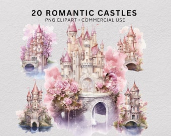 20 Romantic Castle Clipart Bundle, Watercolour Flower Palace PNG, Fairytale Rose Turrets, Junk Journal Digital Download