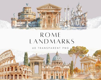May include: Watercolor illustrations of famous landmarks in Rome, Italy. The image includes the Colosseum, the Pantheon, the Trevi Fountain, and the Vatican City.