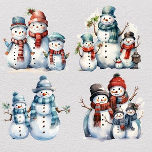 Pu&ograve; includere: Una collezione di quattro illustrazioni ad acquerello raffiguranti gruppi di pupazzi di neve con cappelli e sciarpe. I pupazzi hanno nasi a carota arancioni, occhi a bottone neri e braccia a ramoscello, decorati con agrifoglio.