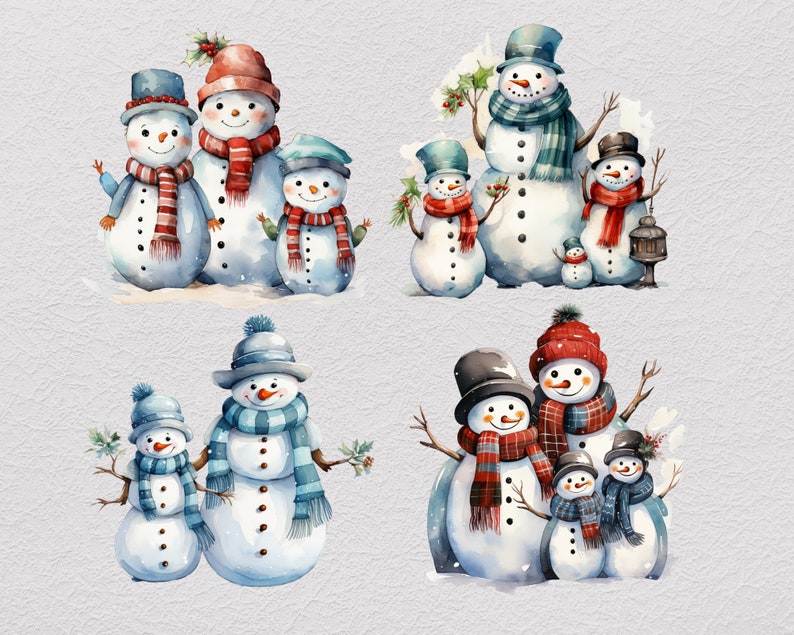 Pu&ograve; includere: Una collezione di quattro illustrazioni ad acquerello raffiguranti gruppi di pupazzi di neve con cappelli e sciarpe. I pupazzi hanno nasi a carota arancioni, occhi a bottone neri e braccia a ramoscello, decorati con agrifoglio.