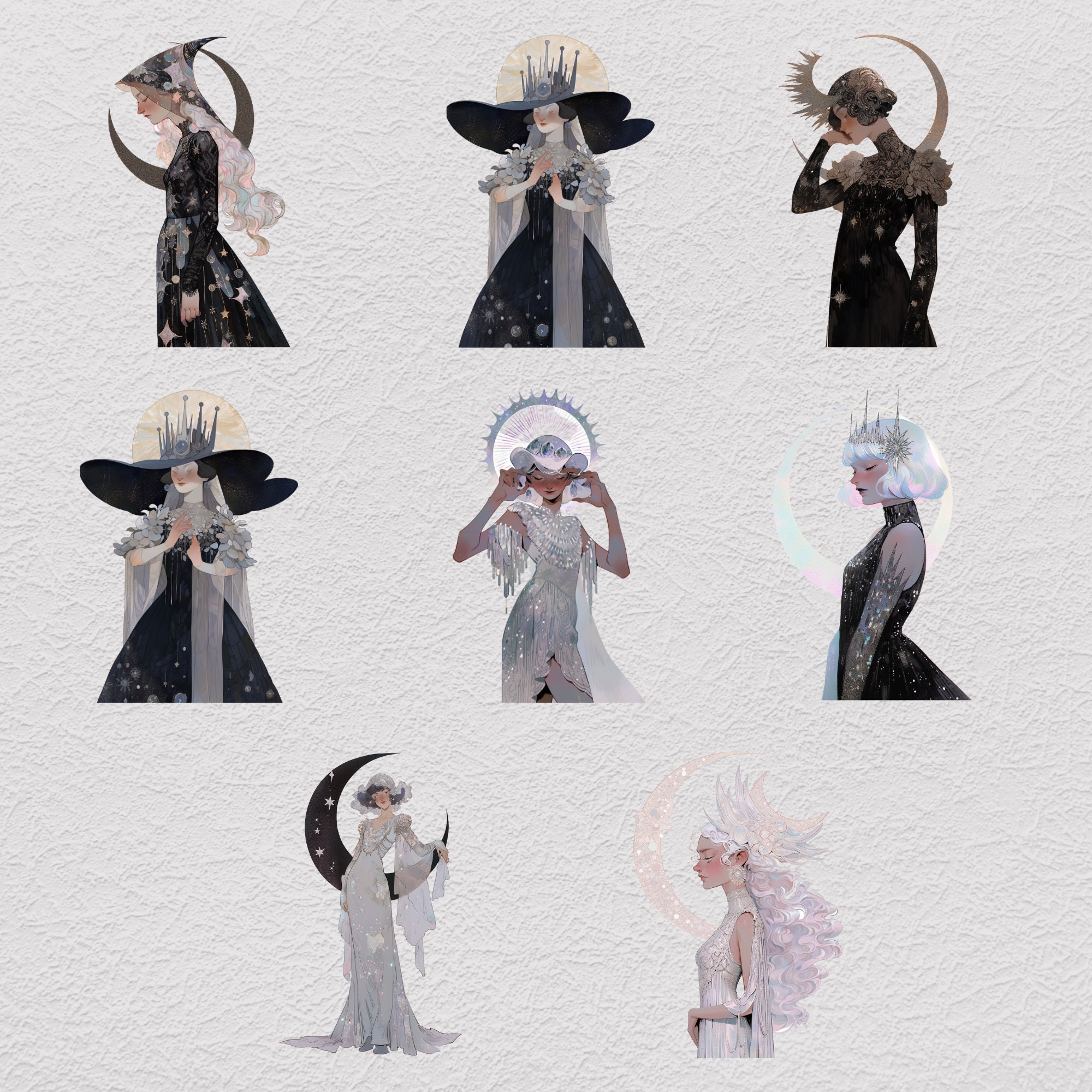 45 Moonlight Queens Clipart Bundle, Queen of Halloween, Vintage Witch