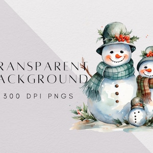 Pu&ograve; includere: Un'illustrazione ad acquerello di tre pupazzi di neve di varie dimensioni, ognuno con un cappello verde scuro decorato con bacche di agrifoglio e una sciarpa a quadri. Il testo recita TRANSPARENT BACKGROUND 300 DPI PNGS. Hanno nasi a carota e braccia.