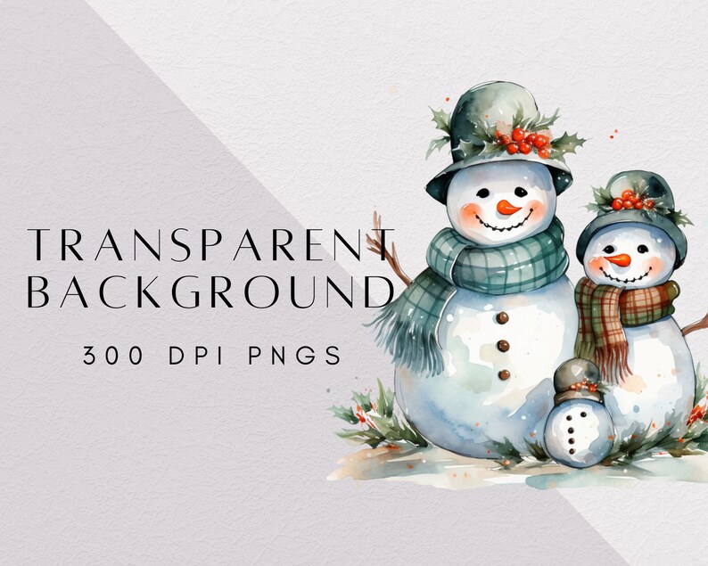 Pu&ograve; includere: Un'illustrazione ad acquerello di tre pupazzi di neve di varie dimensioni, ognuno con un cappello verde scuro decorato con bacche di agrifoglio e una sciarpa a quadri. Il testo recita TRANSPARENT BACKGROUND 300 DPI PNGS. Hanno nasi a carota e braccia.