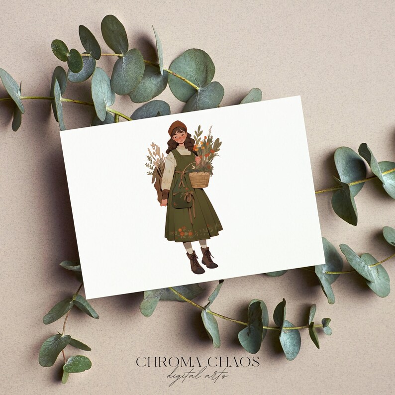 K&ouml;nnte beinhalten: Eine digitale Illustration einer Person in einem gr&uuml;nen Kleid, die einen Korb mit Blumen h&auml;lt. Die Person tr&auml;gt einen braunen Hut und braune Stiefel. Der Hintergrund ist wei&szlig;.