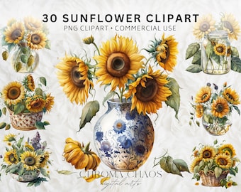 30 Sunflower Clipart Bundle, Fall Clipart PNG, Watercolour Autumn Floral Sunflower Bouquet, Digital Download
