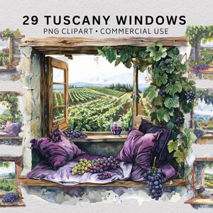 May include: A digital collection of 29 Tuscany windows PNG clipart images featuring watercolor illustrations of open wooden window frames overlooking vineyard landscapes, adorned with grapevines, purple cushions, and glasses of red wine.