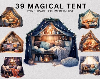 Puede incluir: Una colección de 39 ilustraciones digitales de tiendas de campaña para interiores con telas drapeadas, luces de cadena, cojines, mantas y estanterías. El texto 39 MAGICAL TENT PNG CLIPART COMMERCIAL USE aparece en la parte superior.