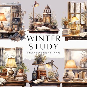 Può includere: Un set di illustrazioni ad acquerello che rappresentano scene di studio invernale accoglienti. Ogni scena include una finestra, una scrivania con libri, una lampada e altri elementi decorativi. Le illustrazioni sono perfette per creare design a tema invernale.