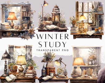 Pacchetto di 37 clipart invernali per lo studio, immagini PNG di lettura accogliente ad acquerello, scena di scrivania con finestra innevata, stile dark academia cottagecore, download digitale.