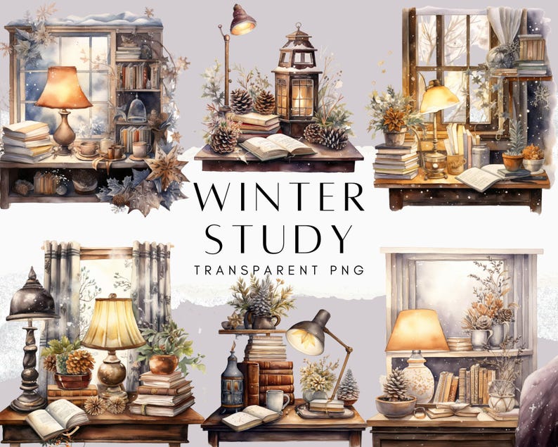 37 Vinterstudie Clipart Bundle, Akvarell Mysig Läsning PNG, Snöig Fönster Skrivbordsscen, Dark Academia Cottagecore, Digital Nedladdning bild 1