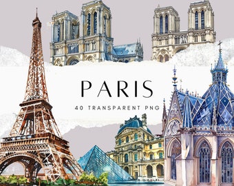 40 Paris-Cliparts im Aquarell-PNG-Format: Eiffelturm, Louvre, Montmartre, Notre Dame, französische Wahrzeichen – digitaler Download