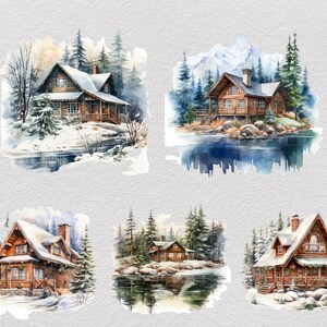 冬のキャビンのクリップアート32点セット、居心地の良いログキャビンPNG、雪山の隠れ家クリップアート、デジタルダウンロード 画像 5