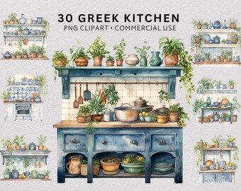 32 Greek Kitchen Clipart Bundle, Watercolour Mediterranean Pantry PNG, Olive Oil Ceramics Herbs, Cozy Cottage Cooking Digital Download