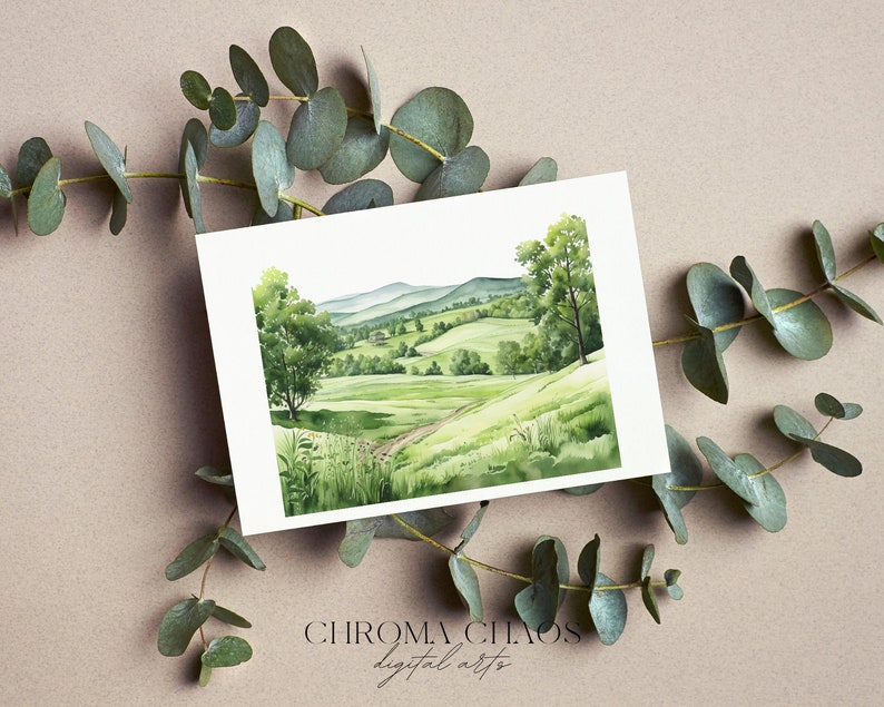 Pu&ograve; includere: Dipinto ad acquerello di un paesaggio verde con colline ondulate, un sentiero tortuoso e alberi. Il dipinto &egrave; su una carta bianca con il testo "CHROMA CHAOS digital arts" in basso.