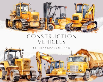 56 Construction Vehicles Clipart Bundle, Watercolour Digger Truck PNG, Bulldozer Excavator Crane, Kids Activity Digital Download