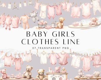 Baby Girl Clothes Line Clipart Bundle, Invitation Decor, Wall Decor, Nursery Decor PNG, Baby Room Clipart, Digital Sticker by ChromaChaos
