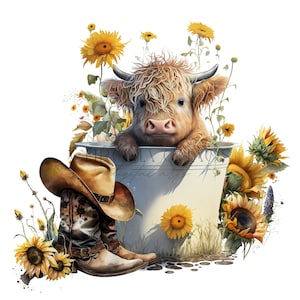 Highland longhaired Cow PNG, cute cow sublimation, metal tub PNG graphic,  cowboy boot clipart, Highland calf PNG digital download