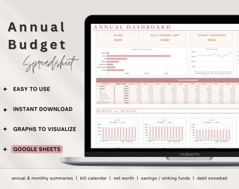 All-in-one Annual Budget Spreadsheet | Google Sheets Template | Net Worth Tracker | Savings Tracker | Debt Snowball Tool | Financial Planner