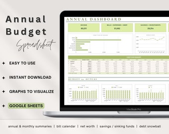 All-in-one Annual Budget Spreadsheet | Google Sheets Template | Net Worth Tracker | Savings Tracker | Debt Snowball Tool | Financial Planner