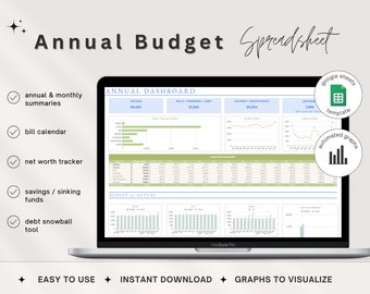 All-in-one Annual Budget Spreadsheet | Google Sheets Template | Net Worth Tracker | Savings Tracker | Debt Snowball Tool | Financial Planner