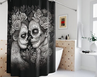 Undying Love Shower Curtain, Day of Dead bath decor, Halloween shower drape
