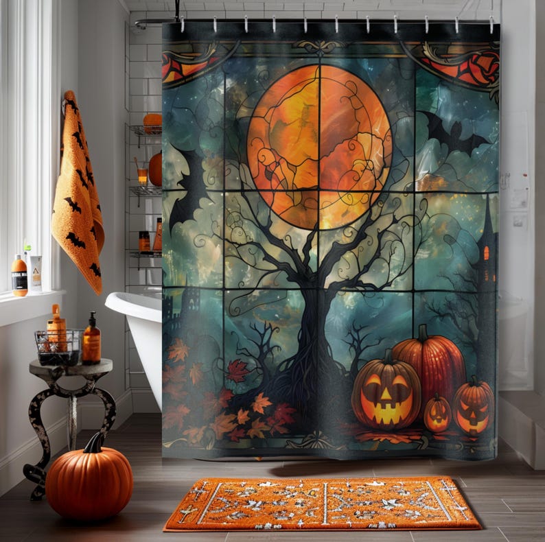 May include: A Halloween-themed shower curtain with a stained glass design featuring a full moon, a tree, and pumpkins. The moon is orange and yellow, the tree is black, and the pumpkins are orange and green.