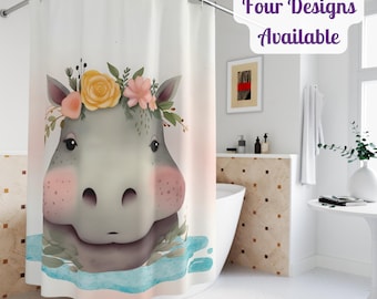Boho Chic Hippo Shower Curtain, Spring Bathroom Decor, Mother's Day Gift, Wedding Present