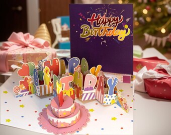 Cartes pop-up de joyeux anniversaire pour tous les âges, carte d'anniversaire 3D, carte de gâteau d'anniversaire avec lumière LED chaude pour jouer de la musique, cartes de voeux pour amis maman femme