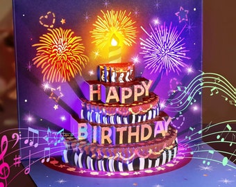 Gâteau lumineux musical, carte d'anniversaire, feu d'artifice, carte pop-up 3D, carte de voeux avec musique, carte d'anniversaire pour elle, carte pour lui