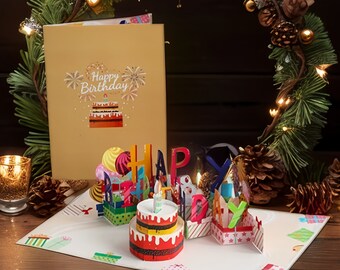 Cartes d'anniversaire 3D, carte de gâteau d'anniversaire avec lumière LED chaude pour jouer de la musique, cartes de voeux musicales pour maman, femme, soeur, garçon, amies