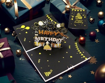 Verjaardagskaarten Vuurwerk Pop Up Cake Licht en muziek, Happy Birthday Card, Kaart voor papa, vrienden, mannelijk, 3D Pop Up verjaardagsmuziekkaart