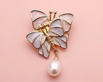 Brooch,Pearl Butterfly enamel pin,birthday gift for her him